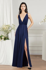 Simple A-line V-neck Backless Floor Length Formal Dress With Split