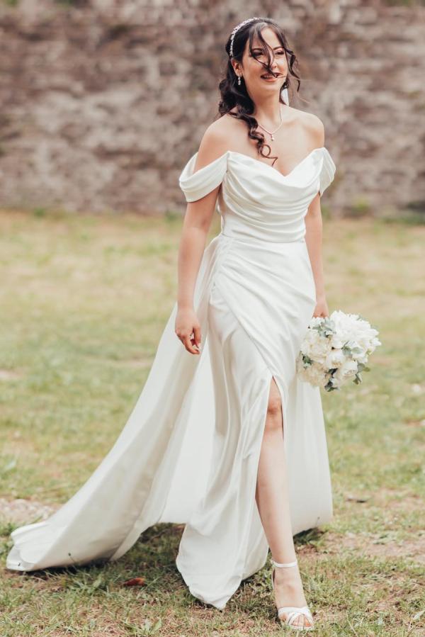 Elegant White Long Mermaid Off the Shoulder Satin High Split Wedding Dress with Court Train