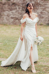 Elegant White Long Mermaid Off the Shoulder Satin High Split Wedding Dress with Court Train