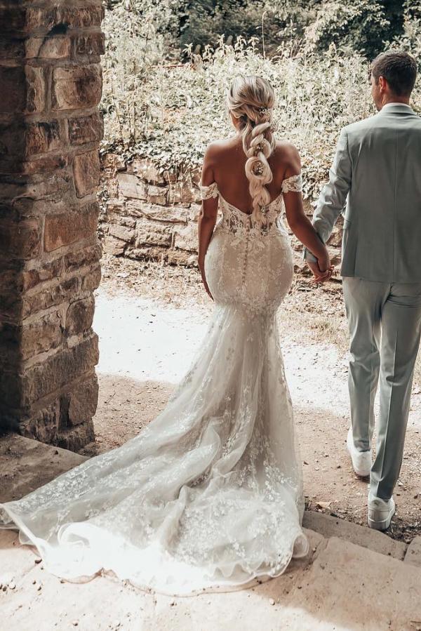 Beautiful Long Mermaid Off the Shoulder Tulle Lace Backless Wedding Dress