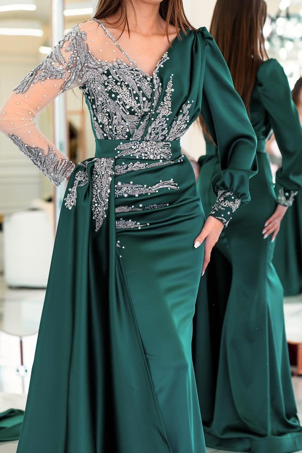 Long Mermaid V-neck Satin Beading Formal Evening Dresses with Sleeves