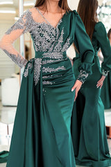 Long Mermaid V-neck Satin Beading Formal Evening Dresses with Sleeves