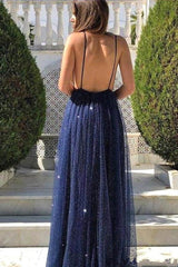 Sexy Long Spaghetti Straps V-neck Open Back A-line Sequins Tulle Prom Dress