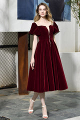 Burgundy Velvet A-line V-neck Short Formal Evening Dress with Bubble Sleeve