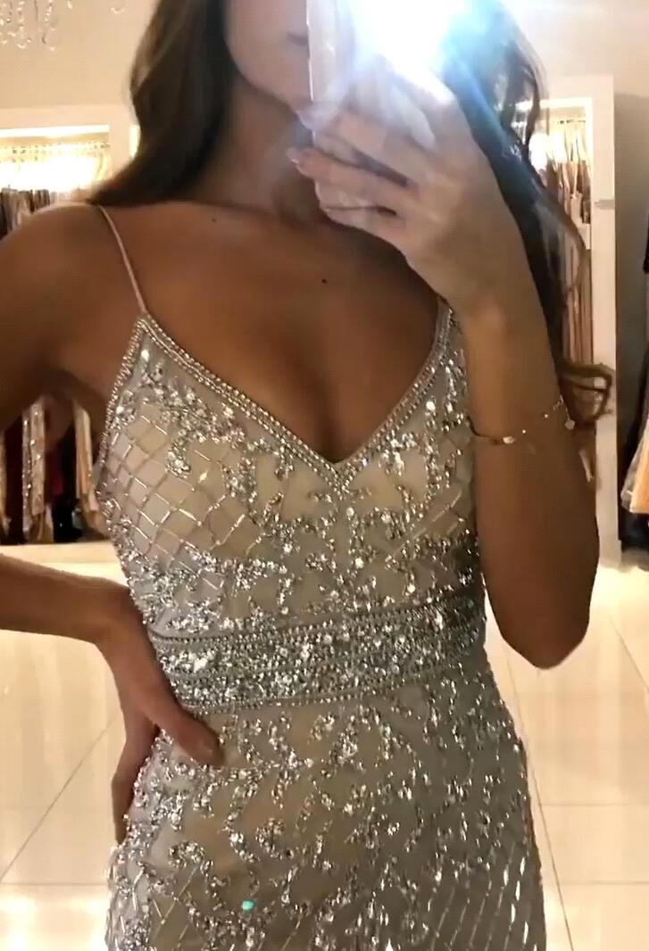 Long Spaghetti Straps V-neck Mermaid Sequins Floor Length Prom Dress