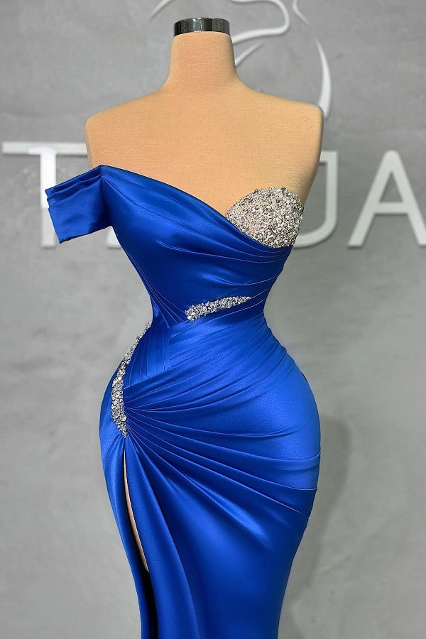 Gorgeous Long Mermaid One Shoulder Satin Formal Prom Dress with Slit