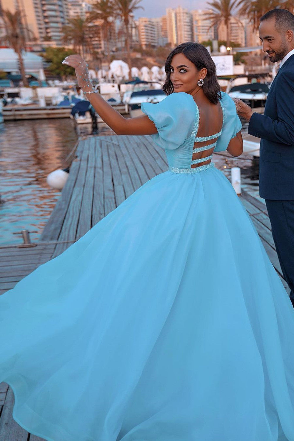 Gorgeous Long Puffy Sleeves Sequins Mermaid Prom Dress With Detachable Tulle Train