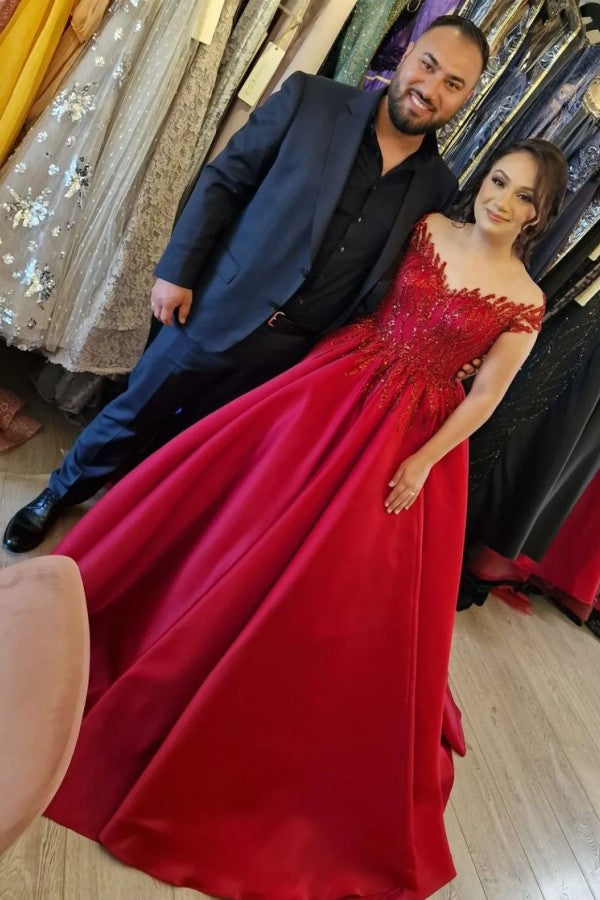 Long Ball Gown Off the Shoulder Satin Lace Plus Size Formal Dresses