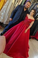 Long Ball Gown Off the Shoulder Satin Lace Plus Size Formal Dresses