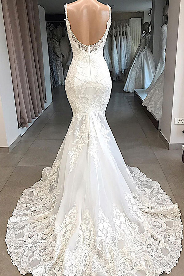 Long Sweetheart Open Back Appliques Lace Tulle Mermaid Wedding Dress