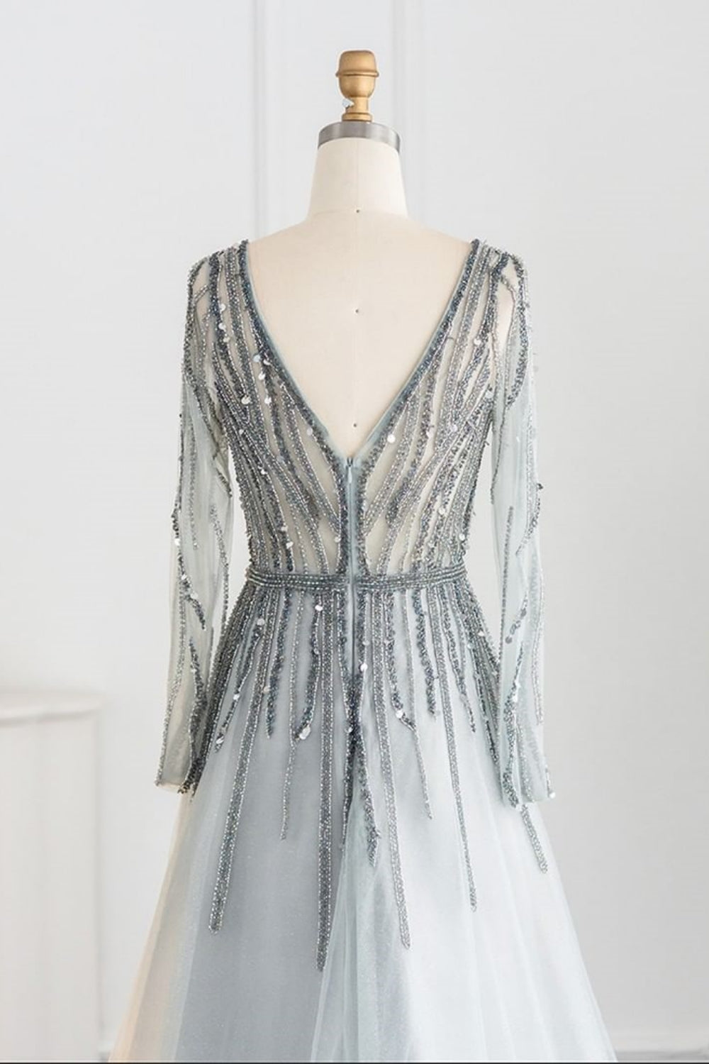 Long A-line V-neck Sequins Beading Tulle Formal Prom Dresses with Sleeves