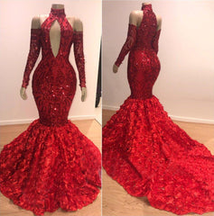 Chic Long Mermaid Halter Sequined Prom Dress with Sleeves