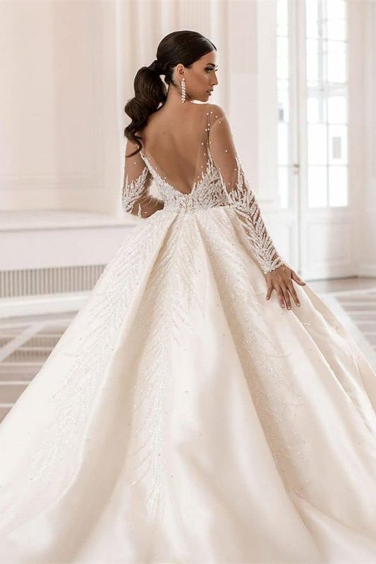 Gorgeous Long Sleeves Bateau Crystal Pearl Ball Gown Satin Wedding Dress