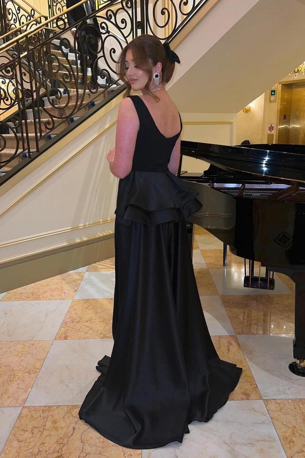Black Long A-line Scoop Neck Sleeveless Satin Formal Prom Dresses