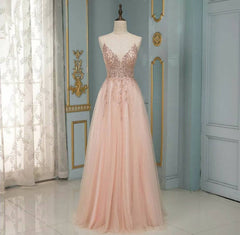 Long A-line V-neck Spaghetti Straps Backless Sequins Ruffles Tulle Prom Dress