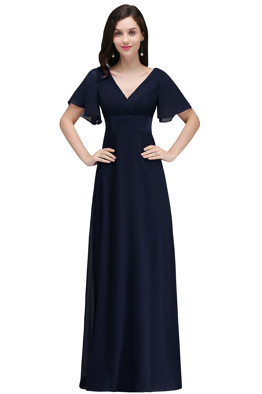 A-line Ruffle Chiffon V-Neck Long Bridesmaid Dress with Sleeves