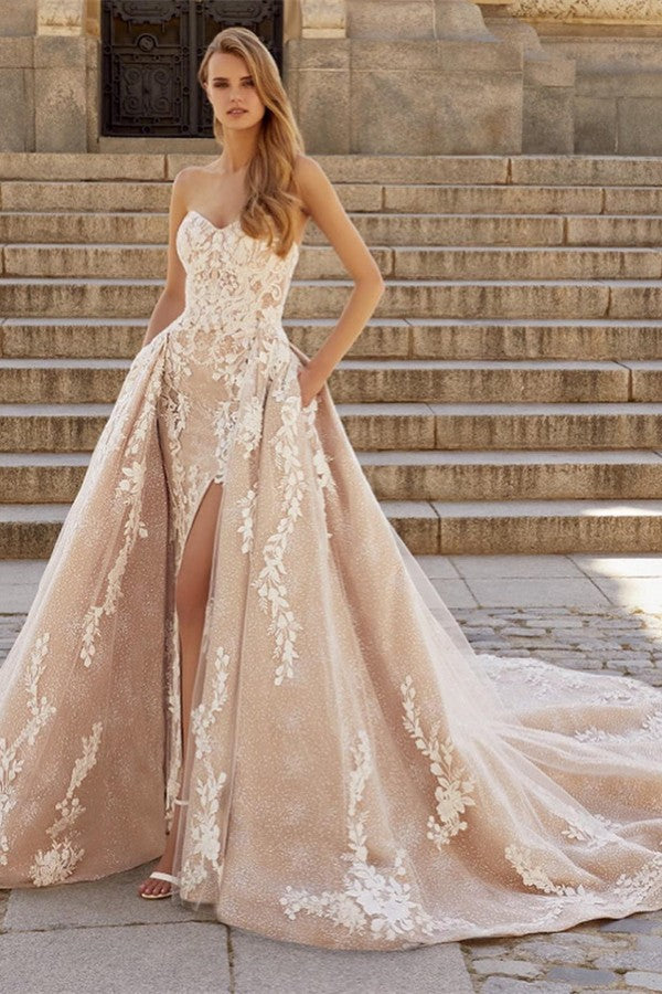 Elegant Champagne Long Sweetheart Mermaid Detachable Train Wedding Dress with Pockets