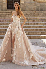Elegant Champagne Long Sweetheart Mermaid Detachable Train Wedding Dress with Pockets