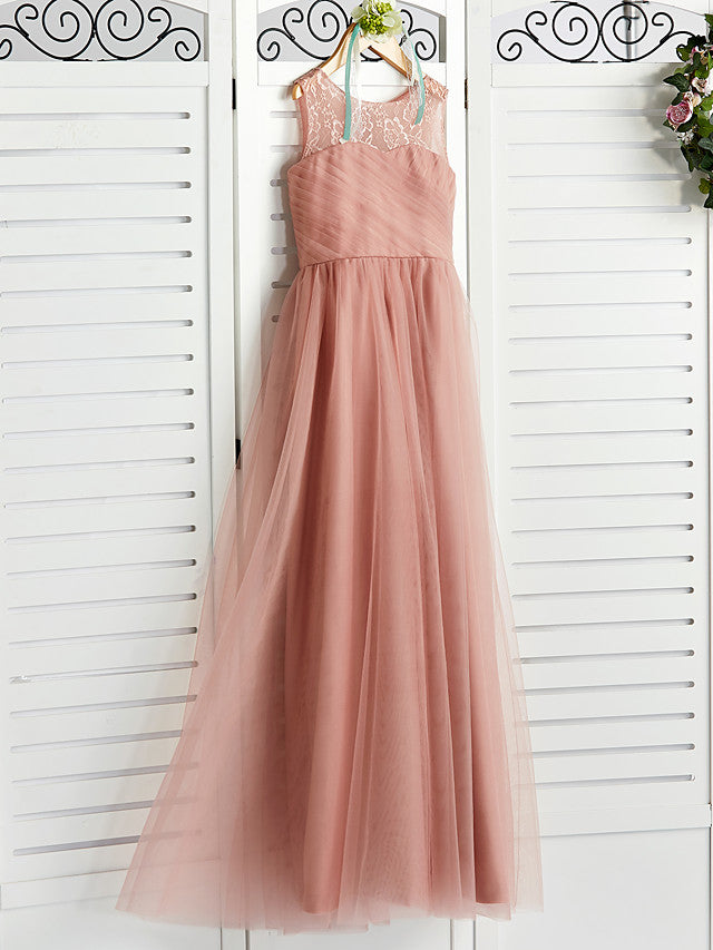 Long Crew Neck Tulle Junior Bridesmaid Dress A-line Flower Girl Dresses