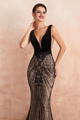 Backless V-neck Tulle Velvet Beading Mermaid Long Evening Formal Dress