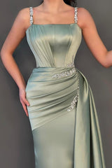 Long Mermaid Square Neck Satin Prom Dress with Side Sweep Train
