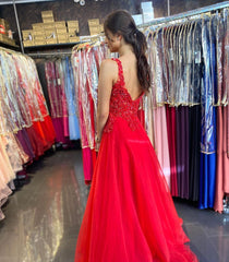 Long A-line V-neck Appliques Lace Backless Tulle Floor Length Prom Dress