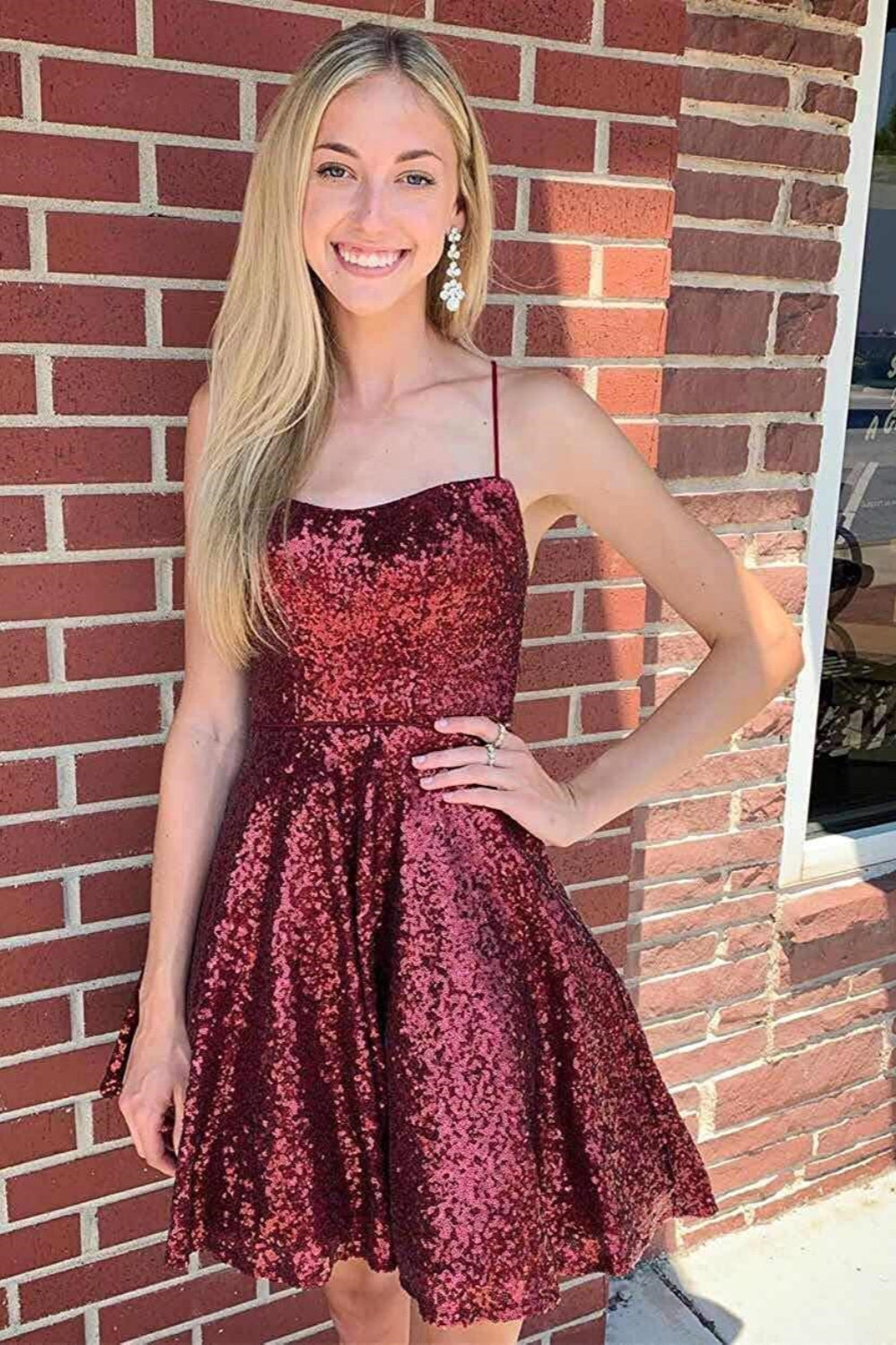 Short A-line Sparkly Spaghetti Straps Sequins Backless Homecoming Dresses