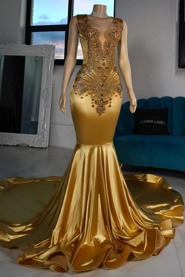 Sexy Gold V-neck Satin Long Mermaid Prom Dress with Beads