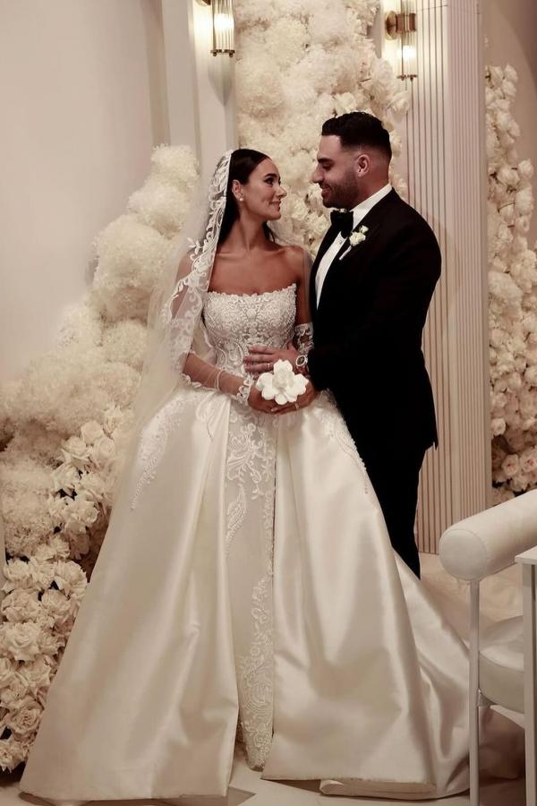 Gorgeous Long Off the Shoulder Lace Satin Wedding Dresses with Sleeves