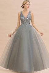 Long V-neck Tulle A-line Chiffon Beaded Formal Evneing Dress
