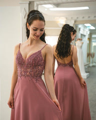 Long A-line Spaghetti Straps V-neck Open Back Floor Length Chiffon Prom Dress