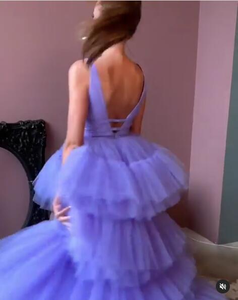 Sexy High Low A-line V-neck Tulle Backless Prom Dress