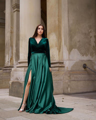A-line Velvet V-neck Long Sleeves Formal Evening Dress with Slit