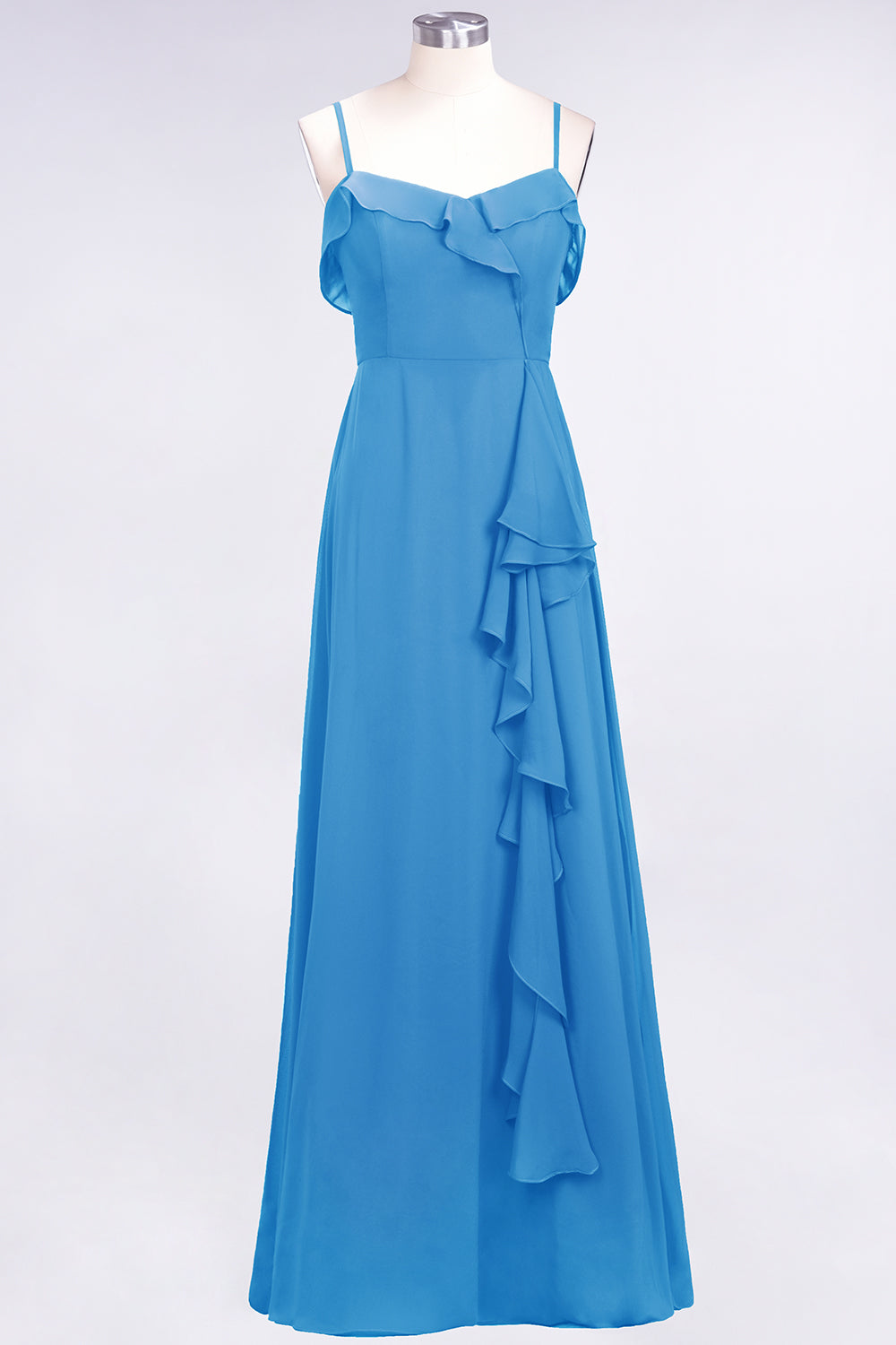 Spaghetti Straps A-Line Chiffon Backless Floor Length Prom Dress With Ruffles