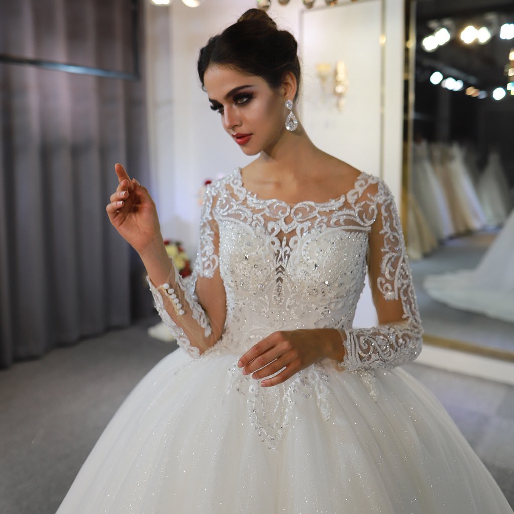 Gorgeous Long Ball Gown Bateau Long Sleeve Appliques Lace Sequins Floor Length Wedding Dress