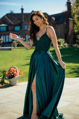 Elegant Long A-line V-neck Satin Sleeveless Prom Dress with Slit