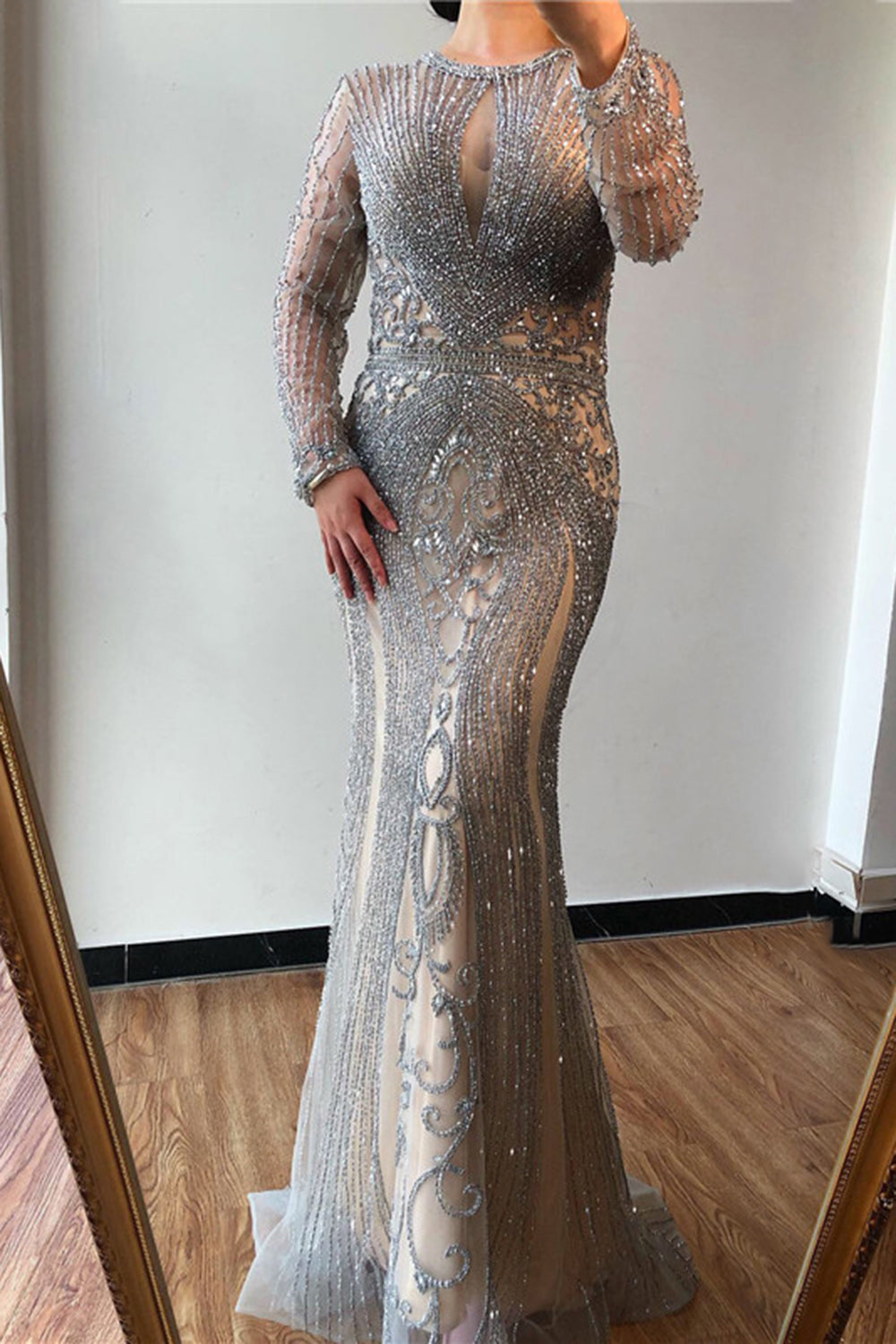 Long Mermaid Jewel Satin Beads Formal Evening Dresses