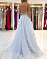 Long Spaghetti Straps V-neck Beading A-Line Tulle Ruffles Prom Dress