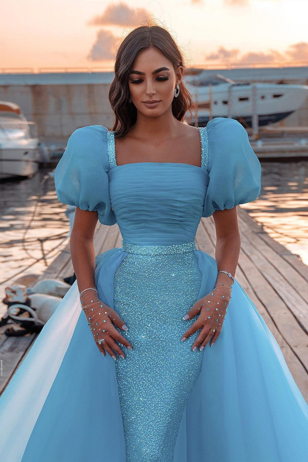 Gorgeous Long Puffy Sleeves Sequins Mermaid Prom Dress With Detachable Tulle Train