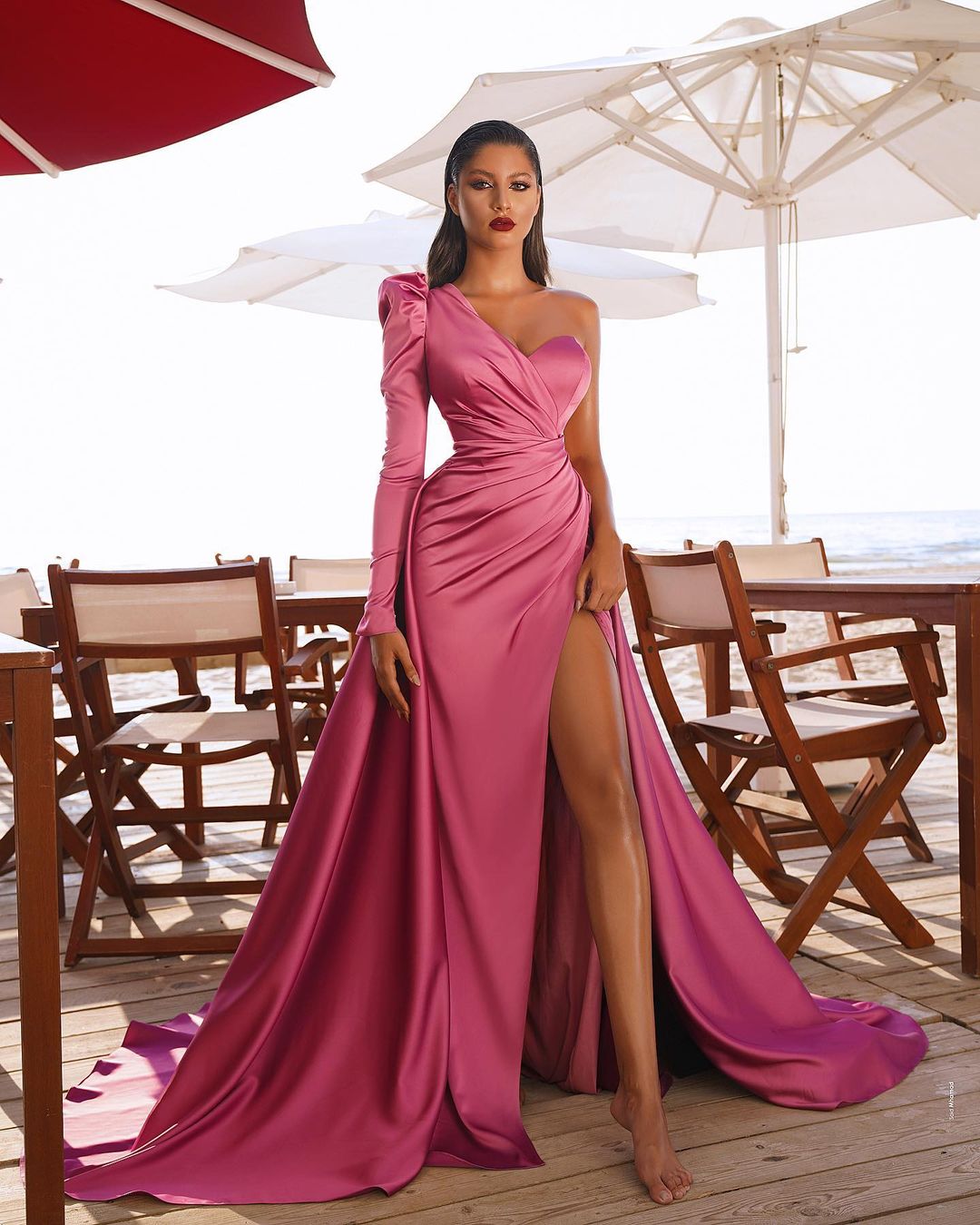 Long One Shoulder Mermaid Satin Front Slit Formal Evening Dress with Sleeves