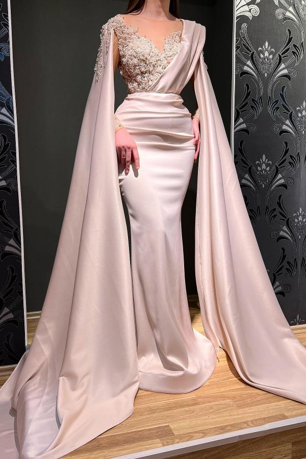 Long Sleeves Mermaid Ruched Satin Beads Formal Evening Dress with Cape