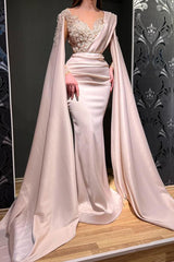 Long Sleeves Mermaid Ruched Satin Beads Formal Evening Dress with Cape