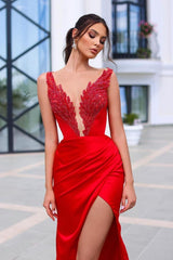Long Mermaid Red V-neck Satin Front Slit Prom Dress with Beads