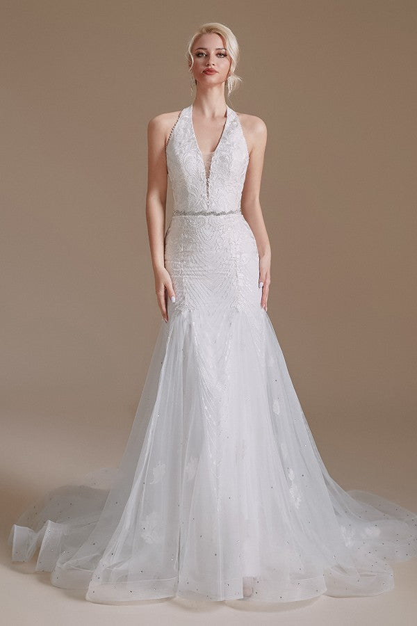 Elegant Long Mermaid Halter Tulle Floor Length Wedding Dress with Appliques Lace