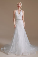 Elegant Long Mermaid Halter Tulle Floor Length Wedding Dress with Appliques Lace