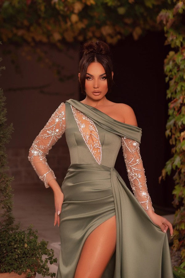 Long Mermaid One Shoulder Satin Lace Front Slit Formal Prom Dresses with Slit