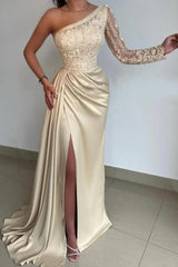 Gorgeous Long Mermaid Asymmetrical Front Slit Prom Dress with Sleeve