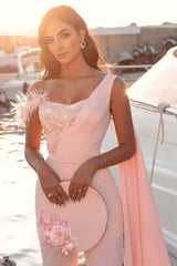 Modern One Shoulder Feather Sequins Floor Length Jumpsuit With Side Cape