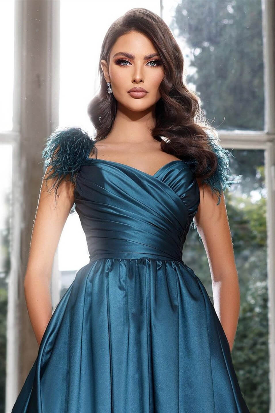 Long Off The Shoulder A-Line Satin Floor Length Prom Dress with Pockets