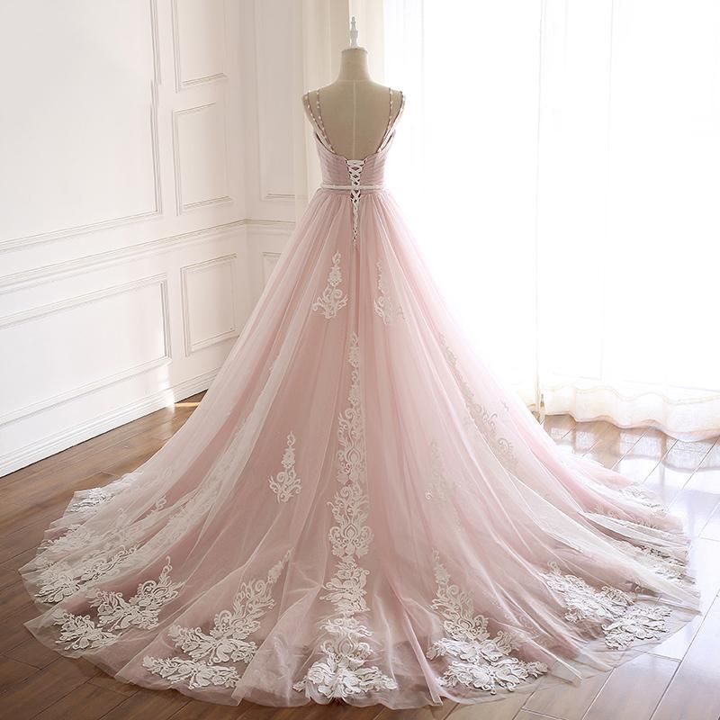 Long Spaghetti Straps Tulle A-Line Appliques Lace Floor Length Prom Dress